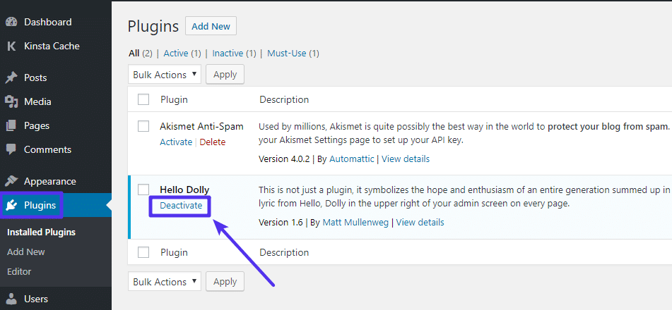 Como desativar um plugin no seu painel WordPress